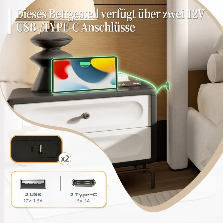 LVHOM Polsterbett hohem Kopfteil & Fußteil 140x200 cm Bettgestell, integriertem USB/Type-C-Anschluss und hochwertigem Samtstoff, Doppelbett – Bild 6