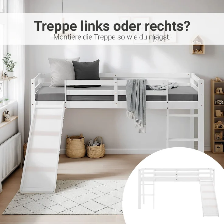 Halbhochbett Spielbett Kinderbett Leiter Rutsche Kiefer 90x200 cm massiv Jugendbett – Bild 6