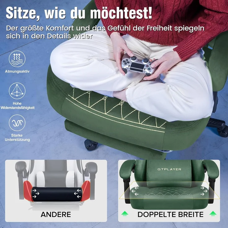 GTPLAYER Gaming Stuhl Stoff Gaming Chair Ergonomisch Bürostuh PC Stuhl, 150kg Belastbarkeit, Verstellbarer und Drehbarer Schreibtischstuh mit Federsitzkissen und Fußstütze, grün – Bild 7