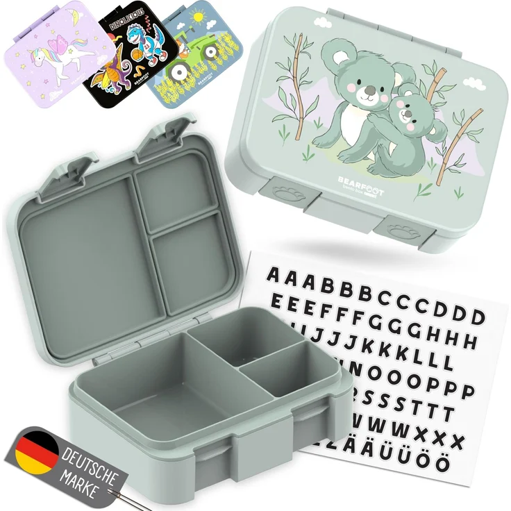 BEARFOOT Bento Box COMPACT Kinder Brotdose (Koala-grün, 650 ml) | BPA-frei, auslaufsichere Lunchbox mit Fächern, für Schule & Kindergarten, für Mädchen & Jungen, leicht & kompakt