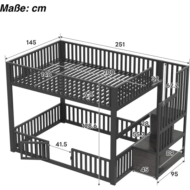 Etagenbett mit 1 Lattenrost, RGB LED-Streifen, Rausfallschutz und Tür, Treppe mit Regal, 140x200 cm, Kinderbett, Metallbett – Bild 5