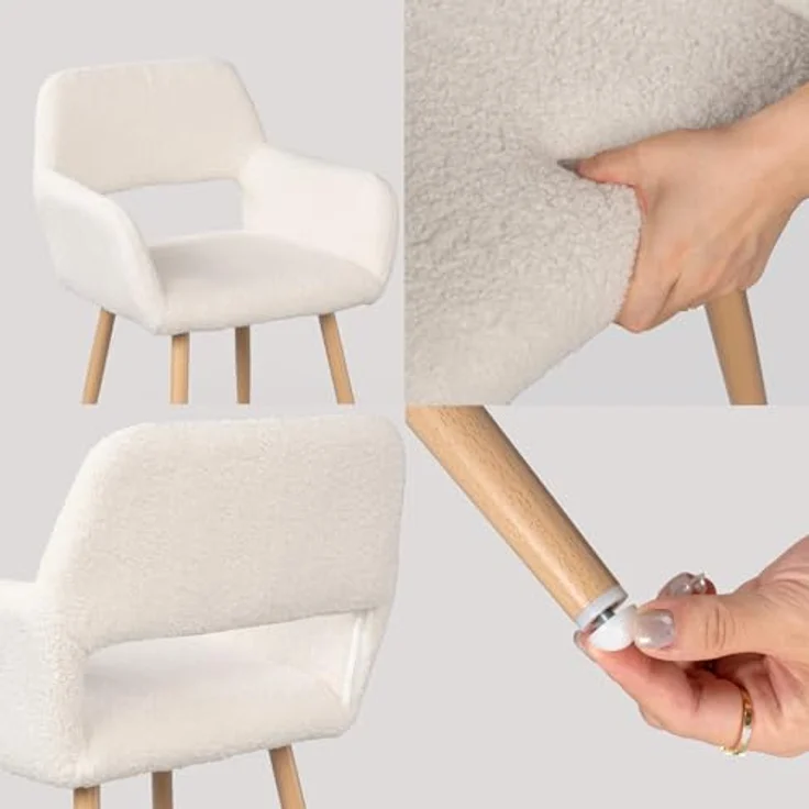 MEUBLE COSY Esszimmerstühle 4er Set Küchenstühle Sessel Wohnzimmerstuhl Polsterstuhl mit Armlehne Rückenlehne Sitzfläche aus Sherpa Metallbeine, Skandinavisch, Weiß – Bild 6