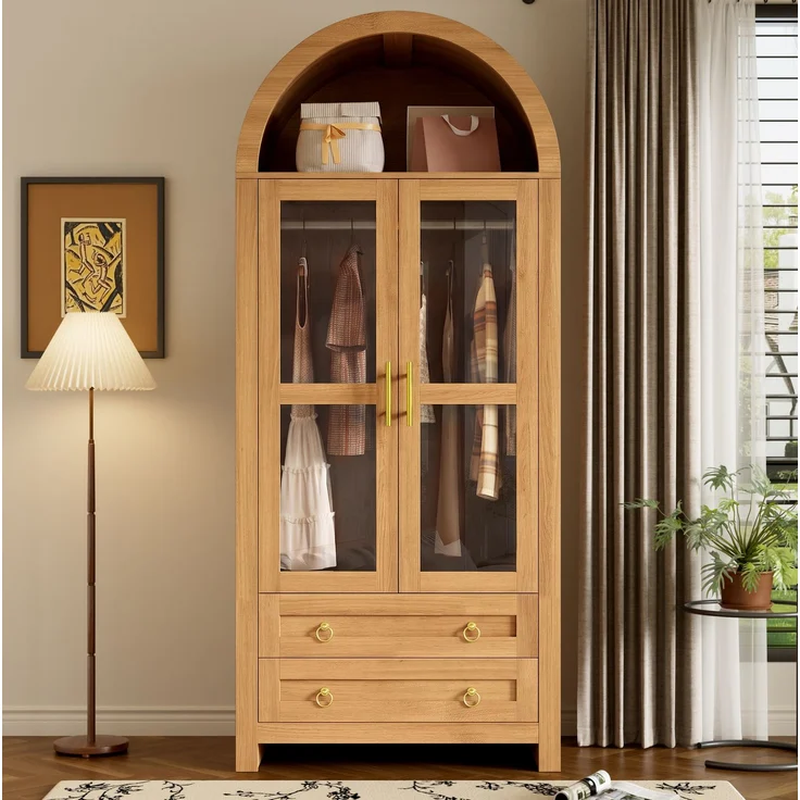 Kleiderschrank 76 x 50 x 185 cm in Eichenoptik mit Glastüren, Schubladen und LED-Beleuchtung – Bild 2
