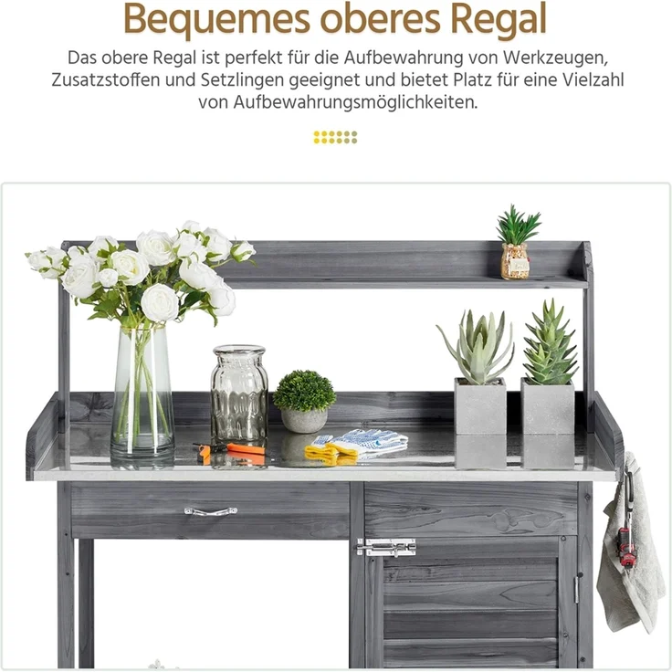 Yaheetech Pflanztisch Garten Pflanztisch mit Schubladen & Unterschrank, Outdoor Gärtnertisch Holzpflanztisch mit verzinkt Arbeitsplatte, Grau – Bild 8