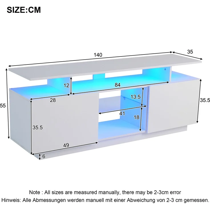 DESVIAE TV-Schrank mit 2 Türen und LED-Beleuchtung 140x55x35 cm Spanplatte Weiß – Bild 10