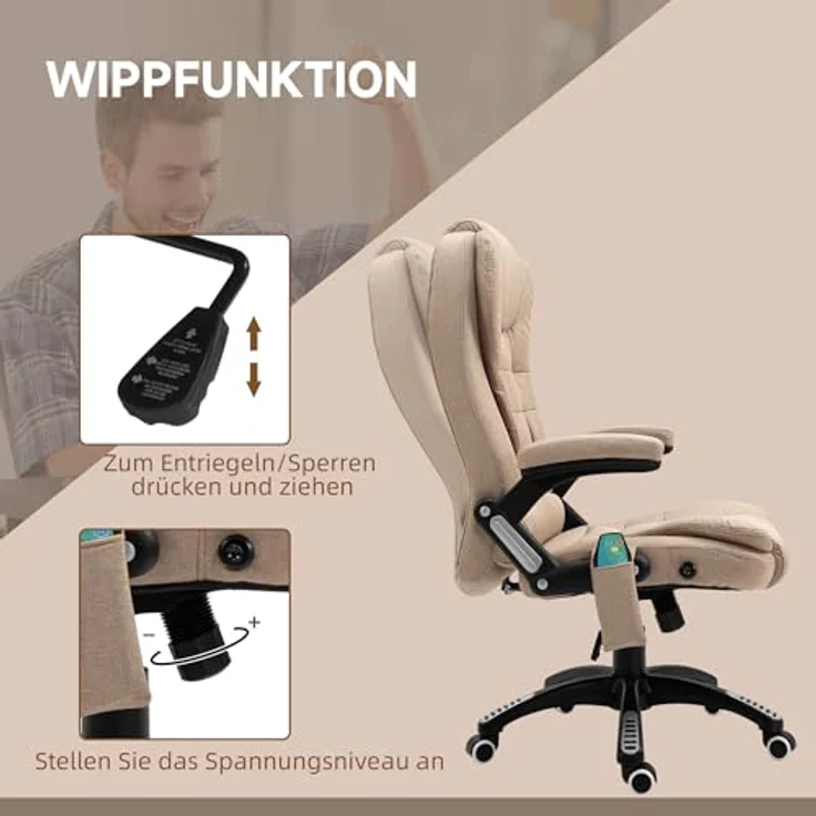 Vinsetto Schreibtischstuhl mit Vibrationsmassage, Heiz-, Liegefunktion, ergonomisch (Massagesessel, 1 St), für Wohnbereich, Braun – Bild 7