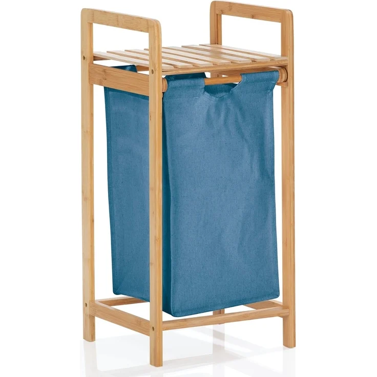 Lumaland Wäschekorb Bambus 33x33x73cm holzfarben/blau Wäschesack ausziehbar – Bild 1