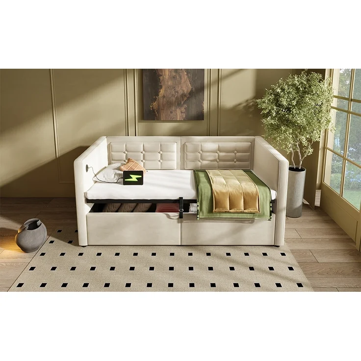 Polstertes Schlafsofa, Samt mit USB-Ladestation, 90x200 cm, Beige, ohne Matratze – Bild 5