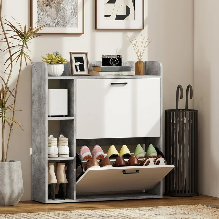 Schuhschrank für 15 Paar Schuhe, moderner Schuhschrank mit 2 Klappschubladen, 83 x 24 x 90,5 cm, weiß und grau – Bild 3