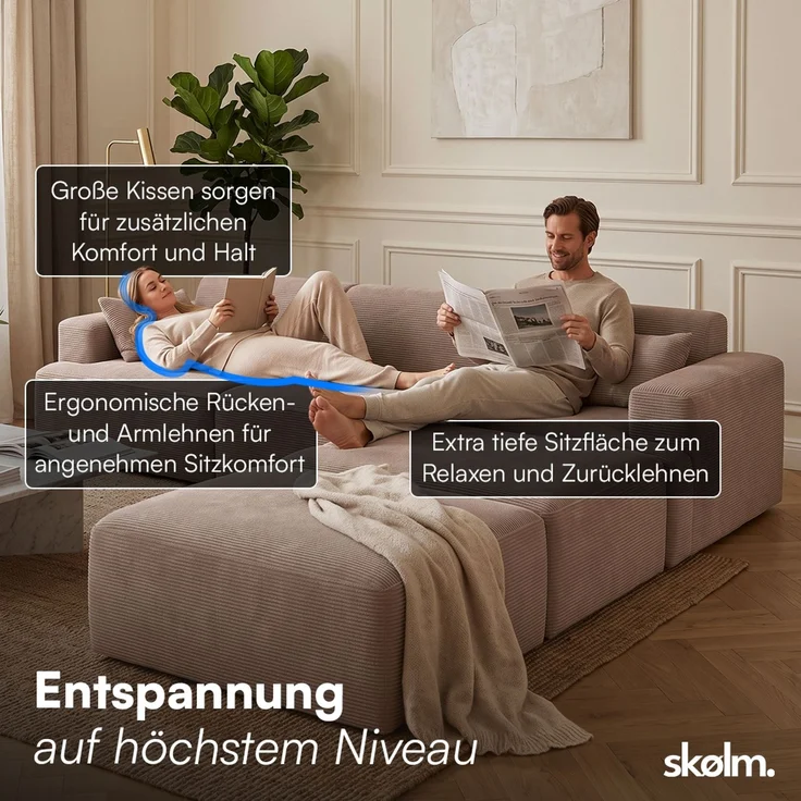 skølm 'Freki' Cloud Sofa 3 Sitzer mit 2x Hocker, Vollschaumcouch mit Federkern und Vakuum-Kompression, kein Aufbau erforderlich, mit 3 Kissen, Cord taupe – Bild 4