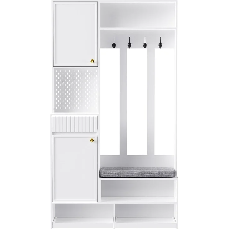 Garderobenset, Komplett-Set Flurgarderobe mit Sitzbank, 4 Haken, Türen & Schubladen - Weiß, Kompaktmaße 100×180×35 cm (B×H×T) – Bild 8
