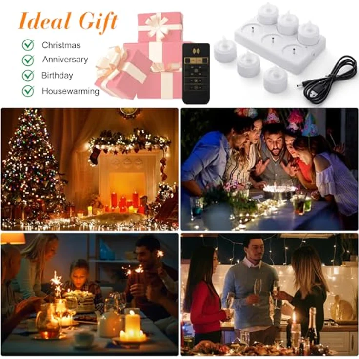 EXTSUD 6 Stück LED Teelichter Aufladbar mit Timer Fernbedienung und Ladestation Elektrische Teelichter LED Kerzen Wiederaufladbar Flackernd Flammenlose Candles für Weihnachten Hochzeiten Haus Deko – Bild 5