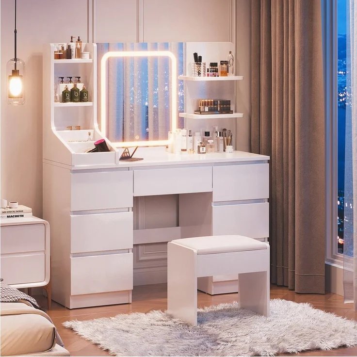 HOMALL Schminktisch Schminktisch mit Spiegel und LED Mit 7 Schubladen und 8 Ablagefächern (Größe: 110*40*139 cm Einstellbare drei Farbtemperaturen, um Ihr perfektes Make-up zu präsentieren) – Bild 2