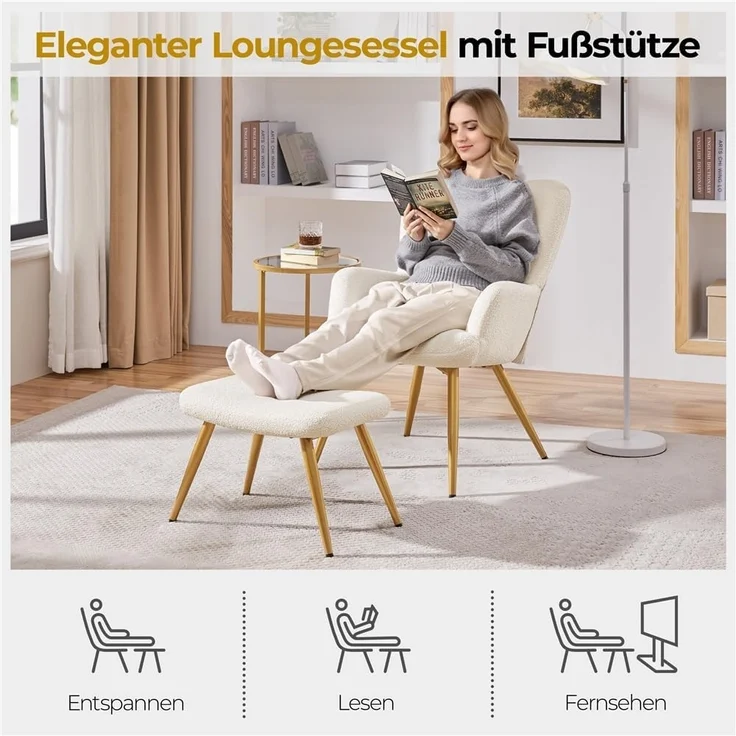 Yaheetech Sessel Ohrensessel mit Hocker aus Boucle-Gewebe, Relaxsessel mit Fußstütze, Loungesessel mit Klappbarer Rückenlehne, Fernsehsessel für Wohnzimmer/Schlafzimmer Elfenbein – Bild 6
