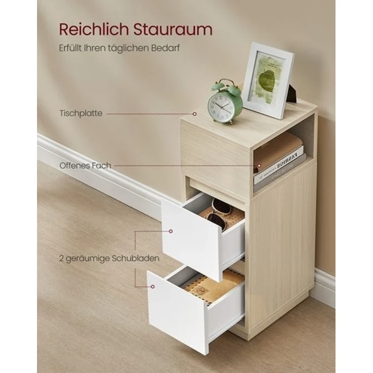 Vasagle Nachttisch, schmal, Beistelltisch mit 2 Schubladen, offenes Fach nach links oder rechts flexibel montierbar, für Schlafzimmer, Wohnzimmer, naturbeige-wolkenweiß LETDE656N01 – Bild 4