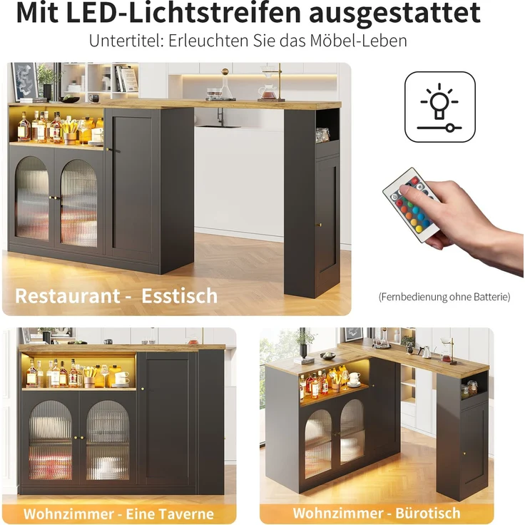 Um 360° drehbarer Bartisch (Hauptkörper: 198 x 39,6 x 97 cm), mattschwarzer Schrank mit Schreibtisch in Holzmaserung, mit Glasschranktür und LED-Licht, Sideboard, Weinschrank, Kaffeeecke--Schwarz--197x39.6x100cm--YOUDENOVA – Bild 9