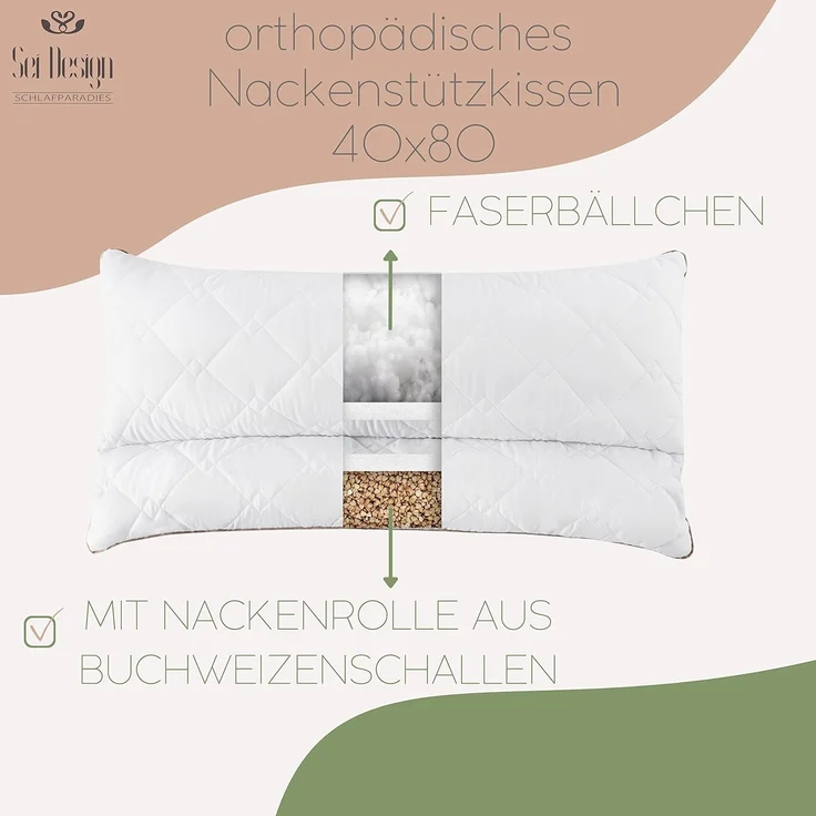 SEI Design Kopfkissen 40x80 mit Nackenrolle aus Buchweizenschalen, Bezug: 100% Polyester, Rückenschläfer, Seitenschläfer, gesteppt mit Nackenrolle – Bild 2