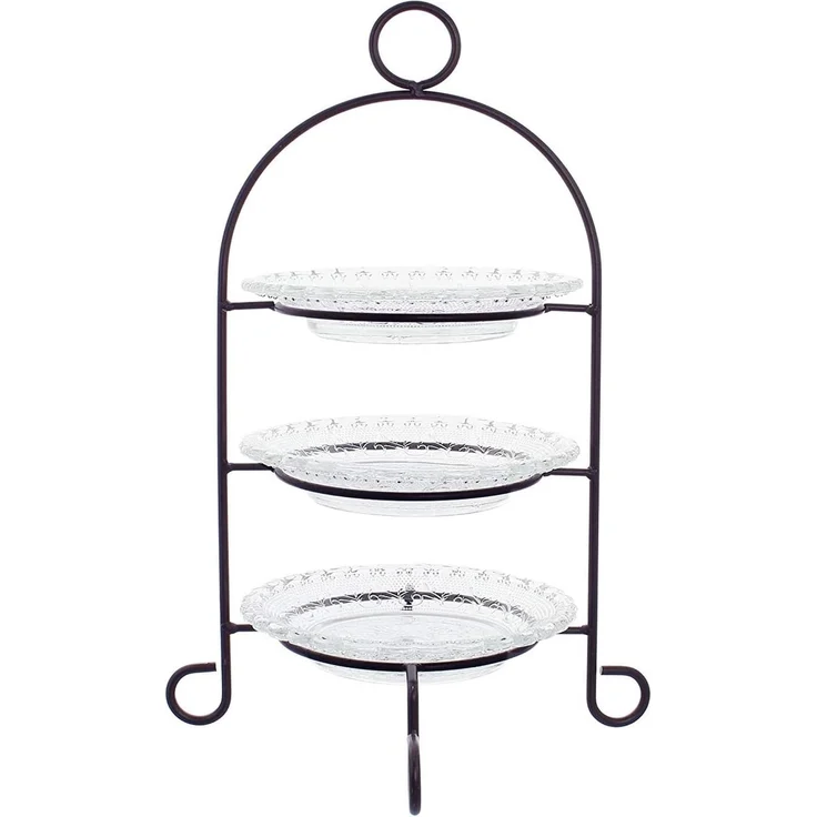 Dekoleidenschaft Etagere aus Metall schwarz, 3-stöckig mit Glastellern, Gebäcketagere, Metall, (4-tlg), 3-stufig, Obstetagere, Tortenständer, Gebäckständer – Bild 3