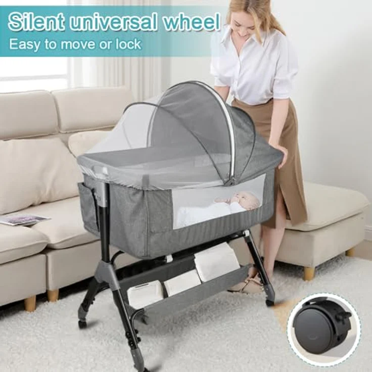 HUOLE 3 in 1 Beistellbett & Babywiege & Reisebett, 4-stufig Höhenverstellbares Babybett, neigbar, Kinderbett, Stubenwagen für Babys bis 25kg belastbar-104 * 52 * 100-110cm – Leinengrau – Bild 6