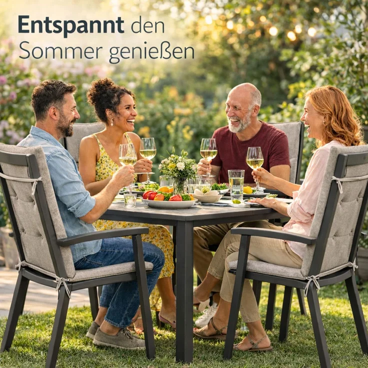 BURI 4x Hochlehner Auflage 117x49x6 cm - wetterfeste Gartenstuhlauflage mit Schaumkern & Vollvlies, Halteband & Bindebänder, bequemes Stuhlpolster für Balkon, Terrasse & Garten (Grau) – Bild 8