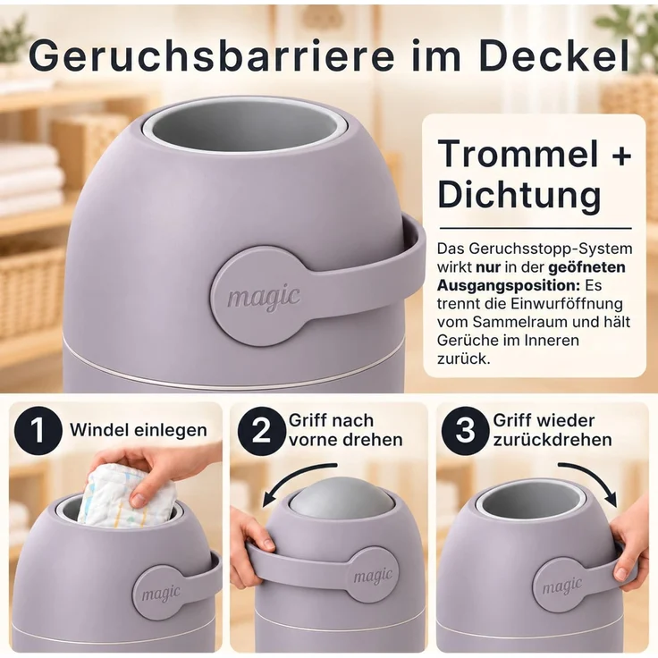 Set Magic Windeleimer, Abfalleimer mit Geruchsstopp, ohne Kassette + Windel – Bild 4