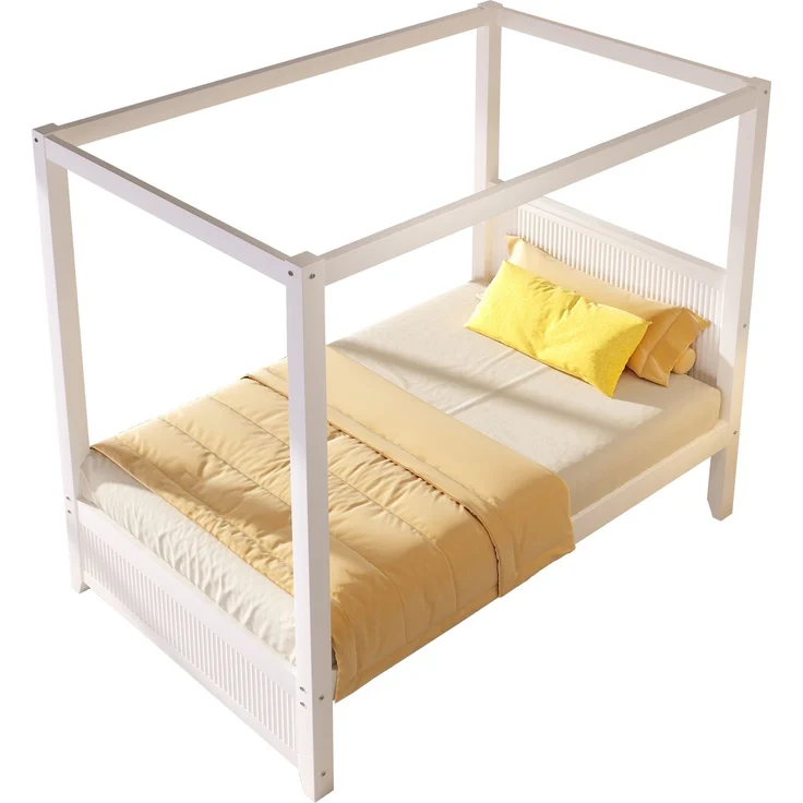 Bett 90x200 cm Himmelbett aus Holz, Weiß, mit offenem Dachrahmen und vertikalen Lamellen, ohne Matratze – Bild 3