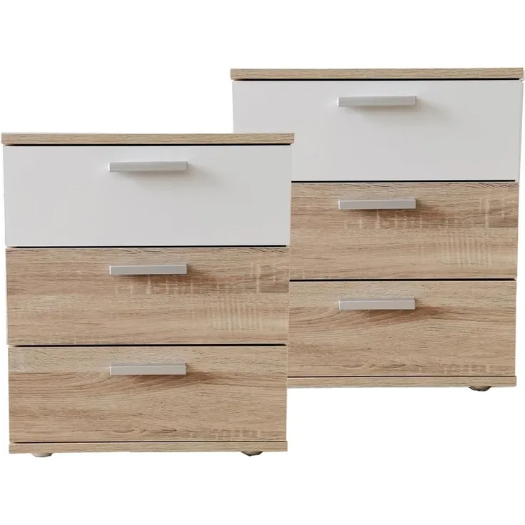 HTI-Living Nachtschrank Nachtkommode 3 Schubladen Nina Sonoma Weiß 2er-Set (Set, 2-St, 2 Nachtschränke) Nachtschrank Nachttisch