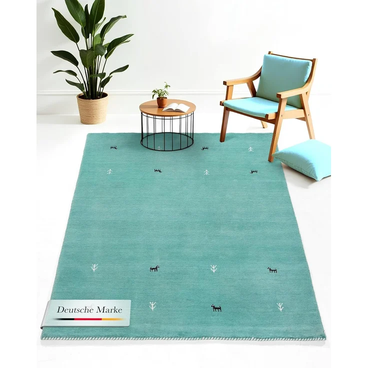 carpetfine 'Gabbeh Uni' Wollteppich, reine Wolle, Türkis, 60x90 cm – Bild 1