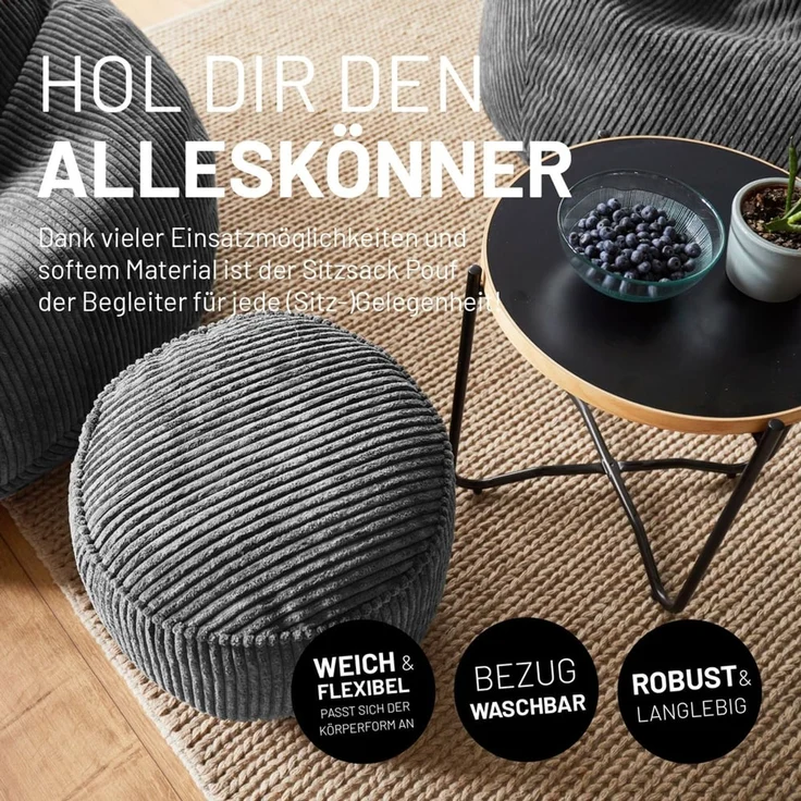 Lumaland Pouf Sitzhocker Cord Ablage kompakt 25x45 cm, pflegeleicht, Indoor Relaxen – Bild 3