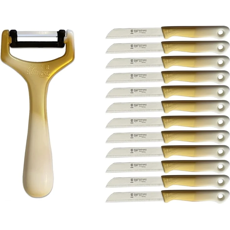 SMI Schälmesser SMI 12-tlg Solingen Schälmesser Sparschäler Gemüsemesser Obstmesser, Küchenmesser Wellenschliff - Gold-Weiß – Bild 1