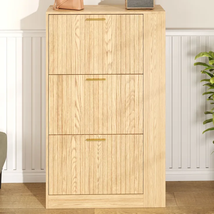 Schuhschrank, MDF in Holzoptik mit 3 Türen & offenen Fächern, 70x23,5x115 cm, Natur