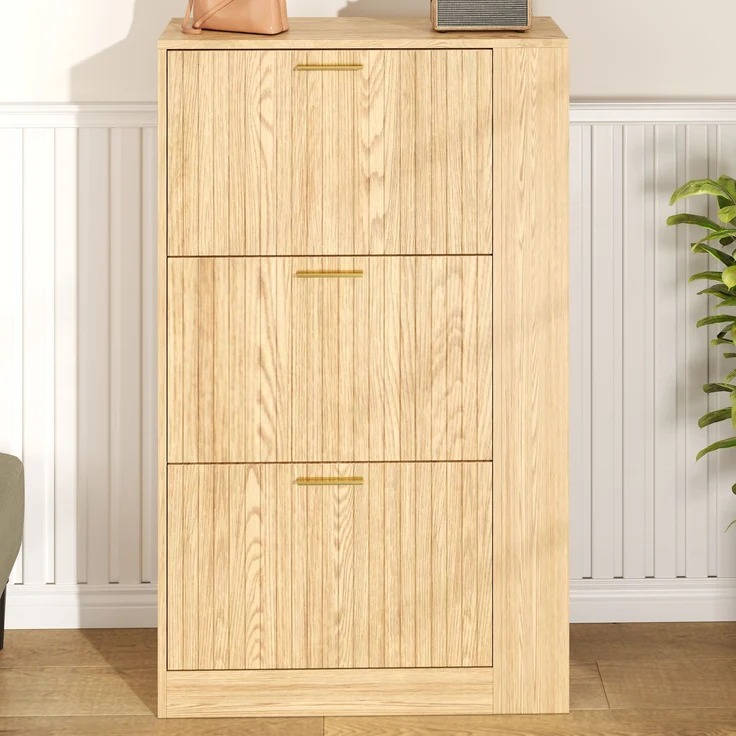 Schuhschrank, MDF in Holzoptik mit 3 Türen & offenen Fächern, 70x23,5x115 cm, Natur – Bild 1