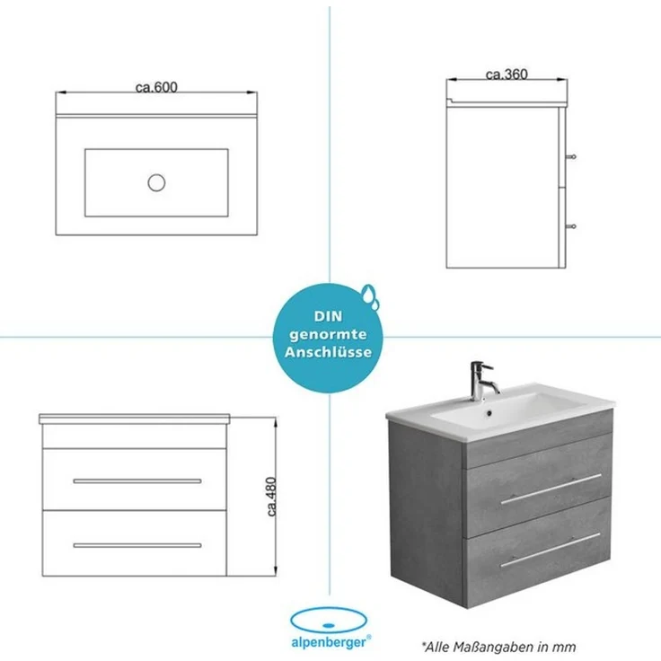 Alpenberger Badmöbel-Set Waschbecken mit Unterschrank - Waschbeckenunterschrank mit Schubladen, (Badezimmerschrank - Grau, Schrank Badschrank - 60 cm), Gäste WC & Badezimmer Set - Waschtisch mit Nano – Bild 4