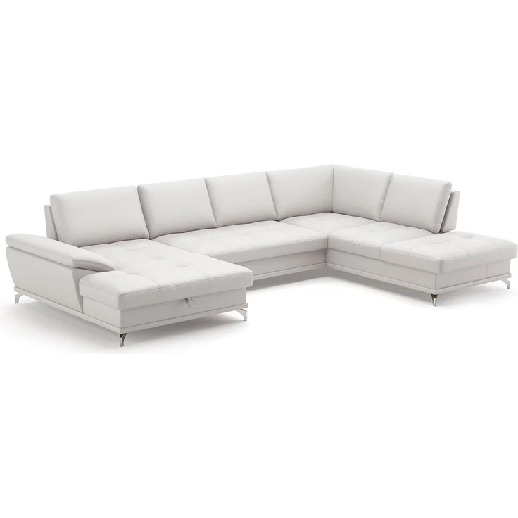 Cavadore Wohnlandschaft Castiel mit Federkern / Sofalandschaft mit XL-Longchair, Sitztiefenverstellung, satinierten Metallfüßen / 363 x 89 x 223 / Echtleder, Weiß – Bild 1