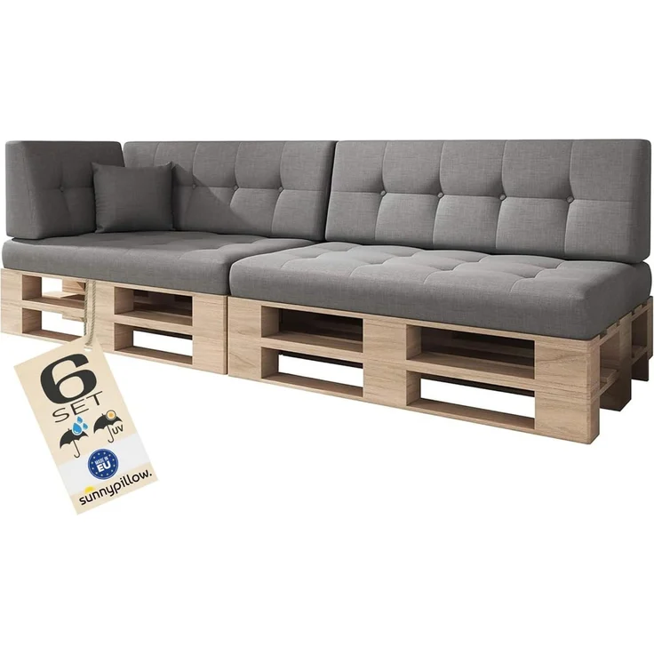 sunnypillow Palettenkissen Kaltschaum UV - beständig Outdoor/Indoor Palettenauflage Palettenpolster Palettensofa Sitzkissen Rückenlehne gesteppt 6er Set 120x80 Silver