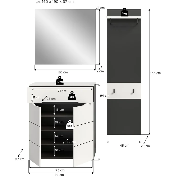 Garderobenkombination (B/H/T: 140x190x37 cm) in weiß Nachbildung – Bild 4