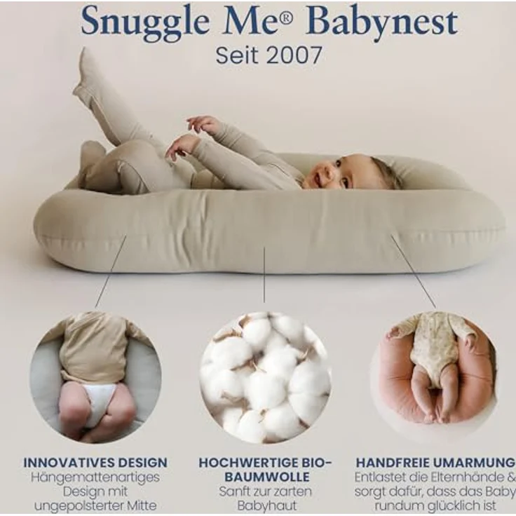 Snuggle Me® Babynest (0-9 Monate) - Premium Babynestchen Neugeborene, Weiche Bio-Baumwolle mit Fiberfill, 100% Maschinenwaschbar, Inkl. Reisetasche (Birch) – Bild 3
