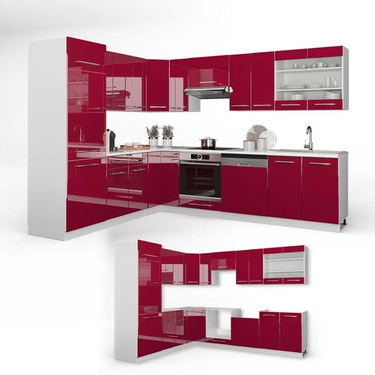 Eckküche Fame-Line Bordeaux Hochglanz/Weiß 287 x 227 cm ohne Arbeitsplatte Vicco – Bild 6