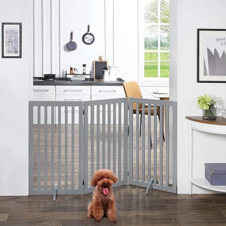 unipaws Absperrgitter, freistehendes Schutzgitter mit Füßen, Treppenschutzgitter ohne Bohren, Holz-Hundetore Türgitter Hunde Hundegitter Schutzgitter treppe, Grau (3 Elemente, 91 cm hoch) – Bild 3