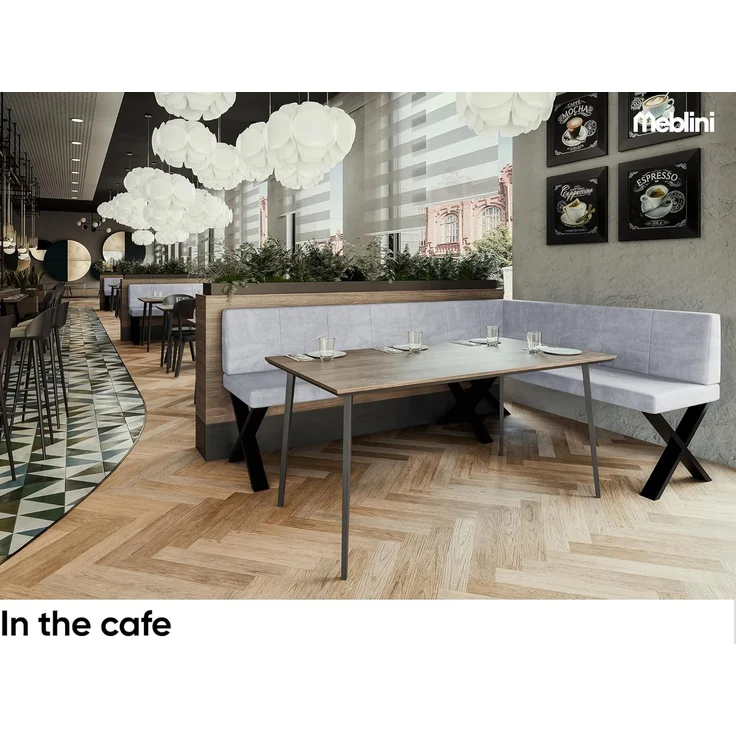 MEBLINI Eckbank für Esszimmer mit ausziehbarem Tisch - Küchenbank - Essecke - Sitzecke Küche - PETER - X-Beine 142x196x87cm Rechts - Hellgrau Samt/B Schwarz Hochgl. – Bild 5