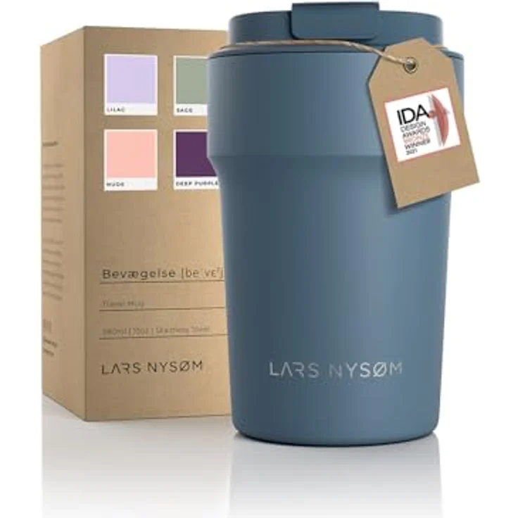 LARS NYSØM Thermo Kaffeebecher to go 380ml | Travel Mug 0,38 Liter mit Isolierung | Auslaufsicherer Edelstahl Thermobecher für Kaffee und Tee unterwegs | Teebecher (Stone Blue) – Bild 1