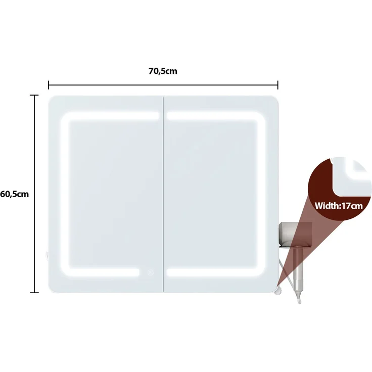 Halupeit Weißer, hochauflösender Spiegelschrank mit dreifarbiger LED-Beleuchtung, verstellbaren Einlegeböden, Föhnhalterung und Haken, 70,5 x 17 x 60,5 cm – Bild 4