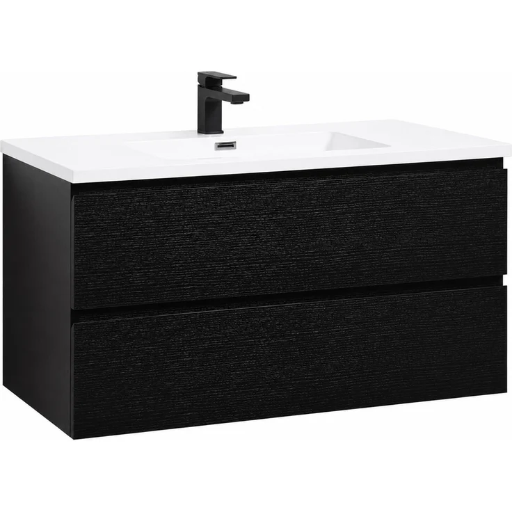 Badplaats Badmöbel Set mit Waschbecken und Unterschrank Angela 100 x 48 cm Schwarz Holz - Waschbeckenunterschrank mit Soft-Close und Waschbecken, Vorgemontiert – Bild 1