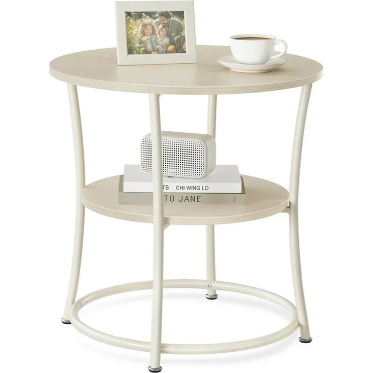 VASAGLE Beistelltisch rund mit 2 Ablagen, Industrie-Design, Holz / Stahl Naturbeige, ⌀ 55 x 55 cm