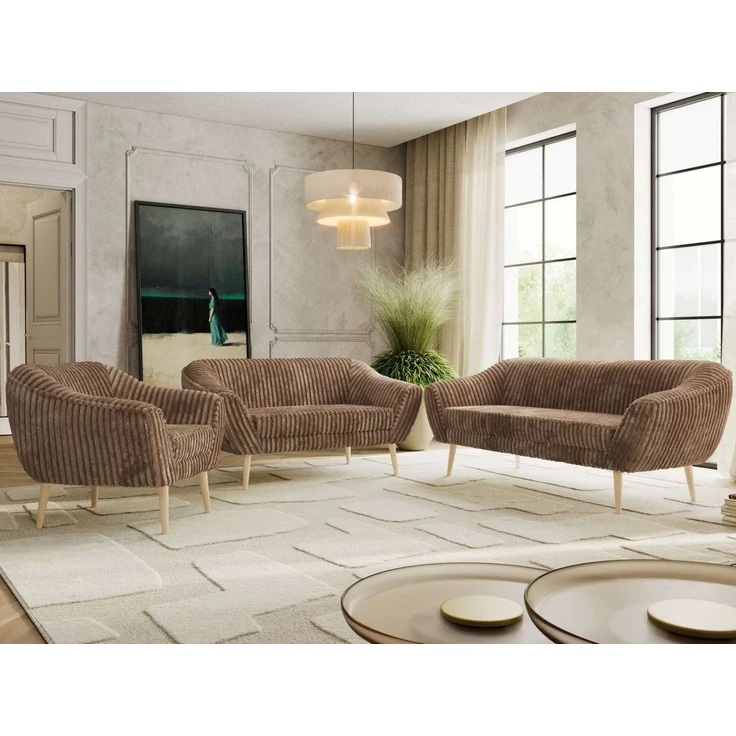 Wohnzimmerset PIRS 1-2-3, Skandinavisches Komplettset, Wellenfederung, Buche Füße, Sitzgruppe, Möbelset - Braun Cord – Bild 4