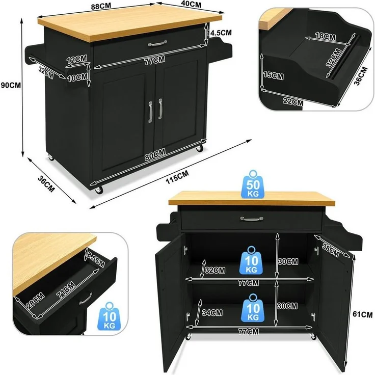 FIVMEN Küchenwagen Kücheninselwagen auf Rollen Küchen Wagen Küchenschrank 115x36x90cm, Für Küche, Wohnzimmer, Esszimmer – Bild 1