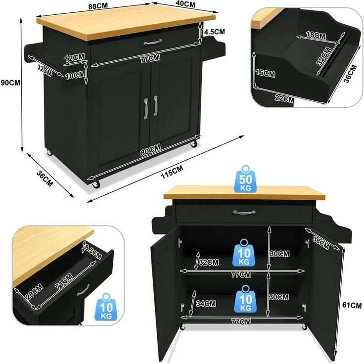 FIVMEN Küchenwagen Kücheninselwagen auf Rollen Küchen Wagen Küchenschrank 115x36x90cm, Für Küche, Wohnzimmer, Esszimmer