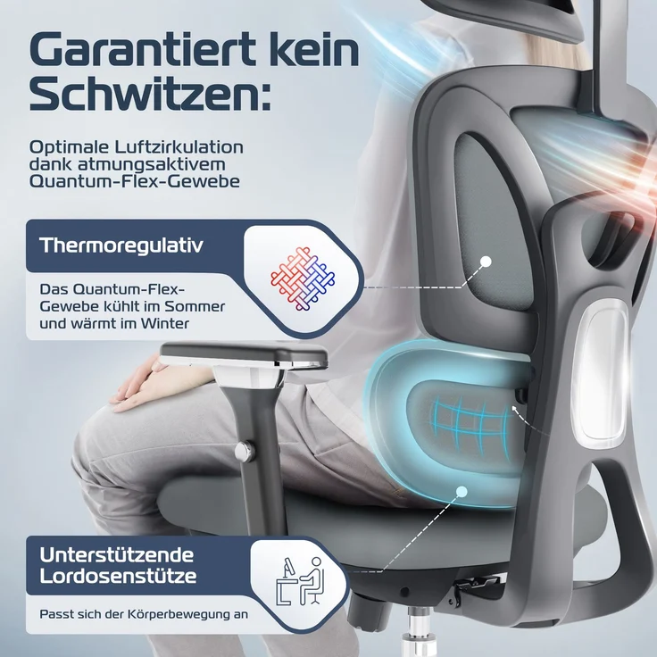 CLOUVOU ProSeat, ergonomischer Bürostuhl, thermoregulative Materialien, 4D-Armlehnen, 3D-Kopfstütze, BladeWheels, Anthrazit – Bild 5