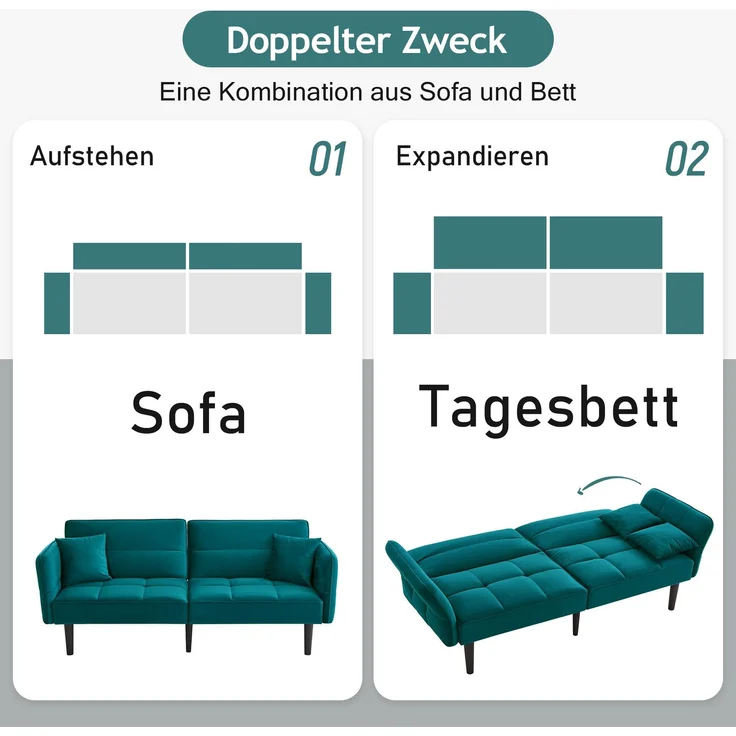 Merax 2-in-1 Verstellbares Schlafsofa – Zweisitzer mit Samtbezug, klappbaren Armlehnen & Schlaffunktion, ideal für kleine Räume, Antik Blaugrün – Bild 5