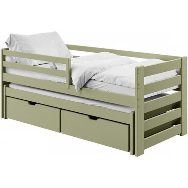 Kids Collective Jugendbett Einzelbett Kinderbett 90x200 cm, Lattenrost, Rausfallschutz Vollholz, 90x200 cm mit Rausziehbett 190x90 mit zwei Schubladen Olivgrün – Bild 4